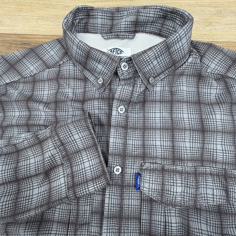 AFTCO Gray Plaid Flannel Long Sleeve Vented Fishing Shirt AFTECH Men's Medium